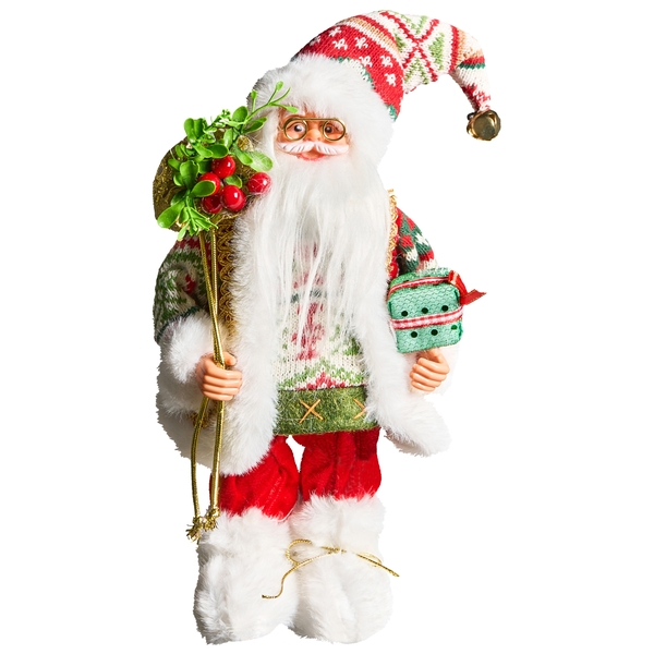 Dekorative Weihnachtsmannfigur mit Geschenksack und Geschenkpaket als Weihnachtsdekoration