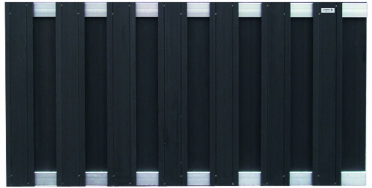 WPC-Sichtschutzzaun mit vertikalen Lamellen, silbernen Metallelementen und Elephant Logo.