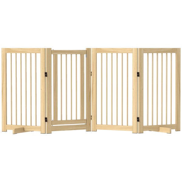 PawHut Absperrgitter Hund 4-teilig, 220 x 91 cm Faltbar Türschutzgitter mit Tür, Freistehend Hundegitter mit 2 Stützfüßen, Treppengitter aus Holz für Flur, Küche, Treppe, Naturholz