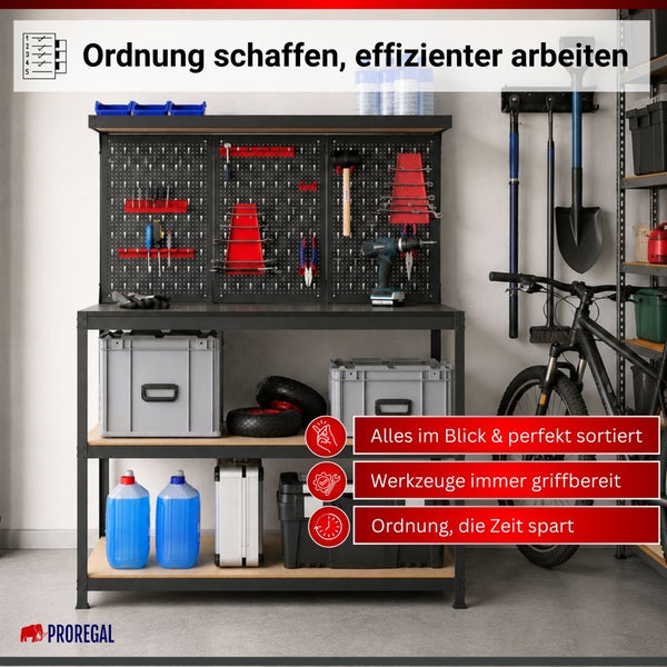 Organisierte Werkstatt mit Werkbank inklusive Lochwand, Fachböden und Aufbewahrungsboxen für effizientes Arbeiten. Proregal Logo.