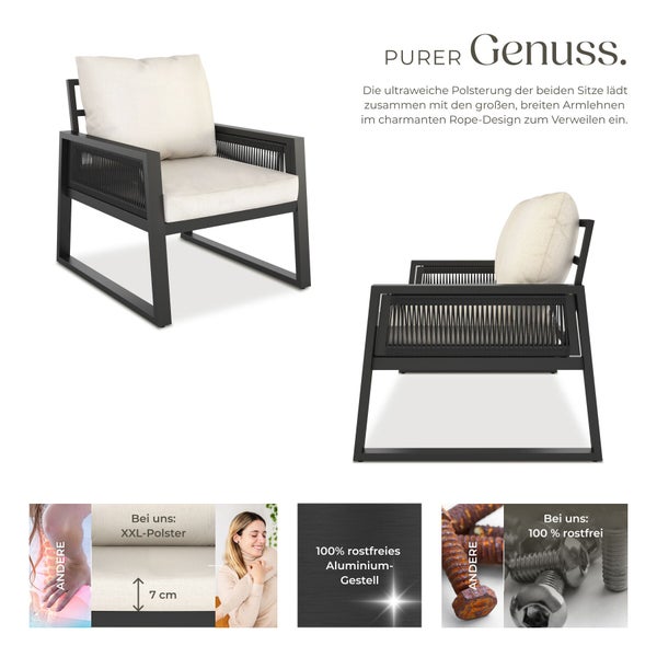 Moderner Garten-Lounge-Sessel mit Aluminiumgestell, Rope-Design an den Seiten und 7 Zentimeter dicken Polstern, absolut rostfrei.
