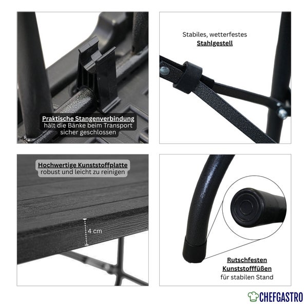 Details einer Klappbank: Stangenverbindung, wetterfestes Stahlgestell, 4 Zentimeter dicke Kunststoffplatte, rutschfeste Füße und ChefGastro Logo.