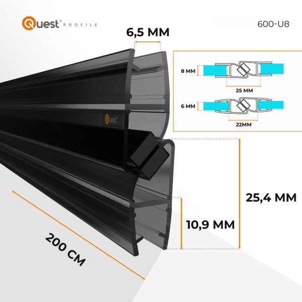 Quest Profile Logo. Dichtung 600-U8, Länge 200 Zentimeter, Breite 6,5 Millimeter, Höhe 25,4 Millimeter, für 6 und 8 Millimeter Glasstärke.