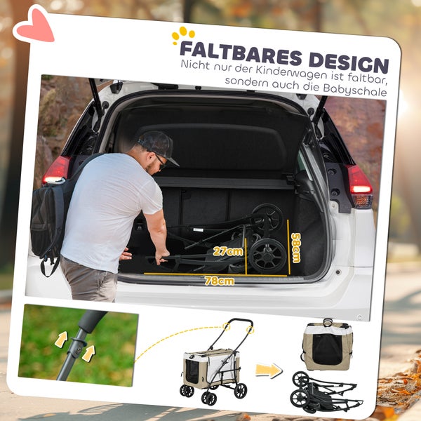 PawHut 2 in 1 Hundewagen Hundebuggy klappbar für Hunde & Katzen bis 10 kg Katzenbuggy mit Kissen Netzfenstern Türen Aufbewahrungskorb Katzenwagen Buggy Khaki