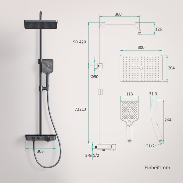 Duschsystem mit Regendusche, Handbrause und Thermostat, technische Zeichnung mit Maßangaben in Millimeter.