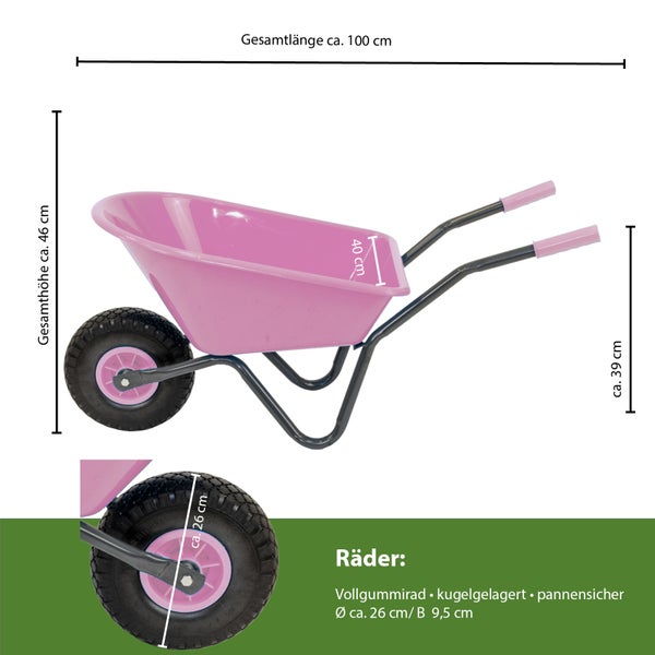 Rosafarbene Schubkarre mit den Maßen circa 100 cm Länge, circa 46 cm Höhe und circa 39 cm Griffhöhe.