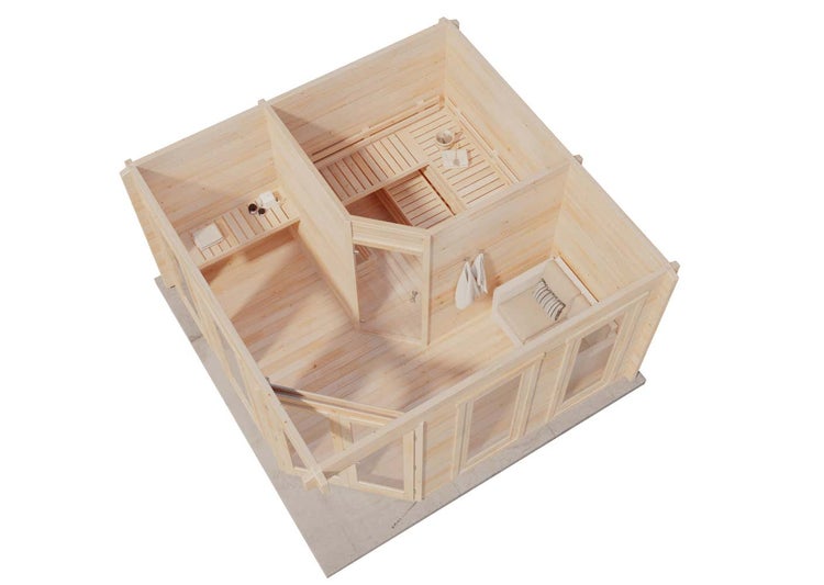 Gartenhaus aus hellem Holz mit grossen Glasfronten, Eckdoppeltuer und dunklem Dach auf einer Holzterrasse, Einblick in den hellen Innenraum.