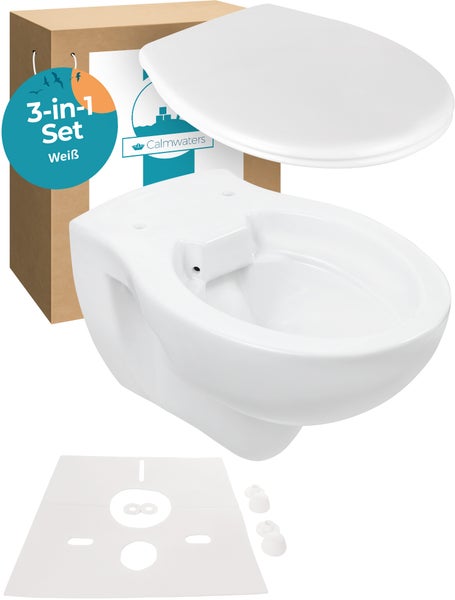 Calmwaters® Spülrandloses Wand WC im Set mit WC Sitz & Schallschutz, antibakterieller Toilettendeckel mit doppelter Absenkautomatik & abnehmbar, WC ohne Spülrand, mit Schallschutzmatte, 99000258