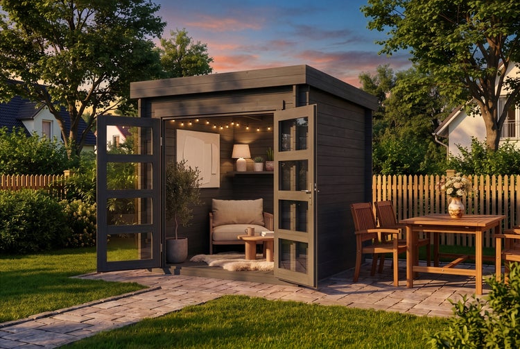Modernes Gartenhaus aus dunklem Holz mit Flachdach und Doppeltür, gemütlich eingerichtet mit Sessel und Beleuchtung in einem gepflegten Garten.