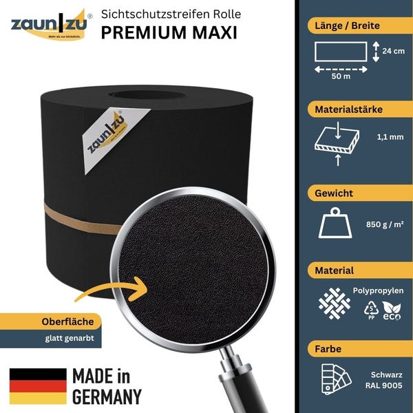 Zaun zu Sichtschutzstreifen Rolle Premium Maxi, Länge 50 Meter, Breite 24 Zentimeter, Materialstärke 1,1 Millimeter, Gewicht 850 Gramm pro Quadratmeter, Material Polypropylen, Farbe Schwarz RAL 9005, Oberfläche glatt, hergestellt in Deutschland