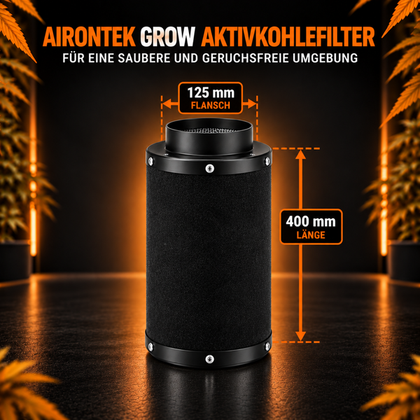 Airontek Grow Aktivkohlefilter zur Geruchsentfernung in Growboxen und Abluftsystemen inklusive Produktverpackung