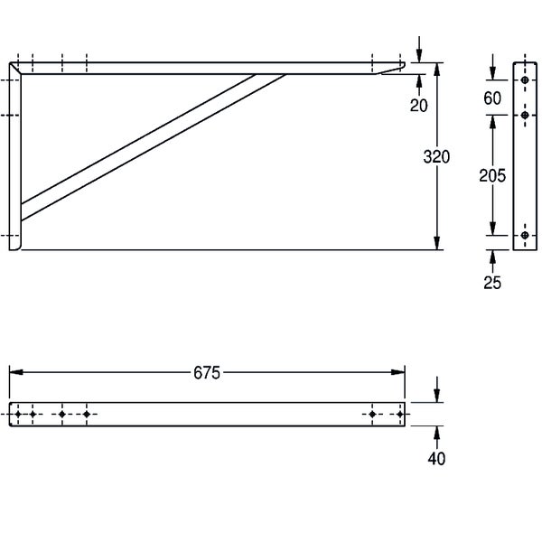 Maßzeichnung einer Schwerlastkonsole mit einer Länge von 675 Millimetern, einer Höhe von 320 Millimetern und einer Breite von 40 Millimetern.