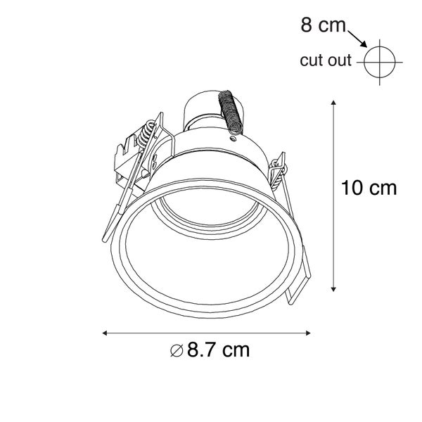Technische Zeichnung eines Einbaustrahlers mit Maßen: Durchmesser 8,7 Zentimeter, Höhe 10 Zentimeter und Lochausschnitt 8 Zentimeter.