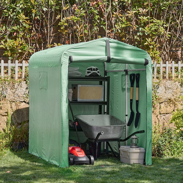 Gartengeräteschrank mit Rasenmäher, Schubkarre, Regalen und Gartengeräten