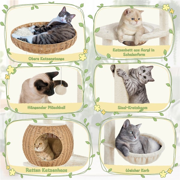 Collage mit Katzen und verschiedenen Katzenmöbeln: Katzenbett, Kratzbaum und Spielzeug