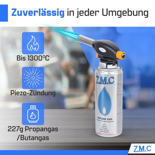 Z.M.C Gasbrenner + 8x Gaskartuschen 227g, Flambierbrenner Temperatur bis zu 1300°C, Schweißbrenner mit Piezo-Zündung, Bunsenbrenner Lötbrenner 1,3 KW, Brenneraufsatz mit einstellbarer Flamme