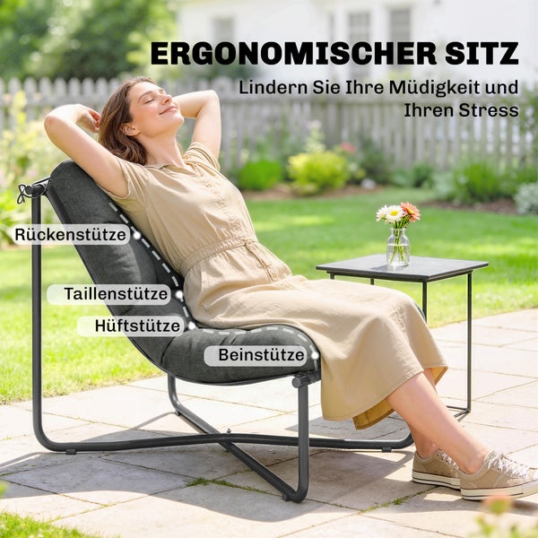 Gartenstuhl mit Teslin Sitzstoff: reißfest, lichtecht, atmungsaktiv, wasserdicht und schnelltrocknend.