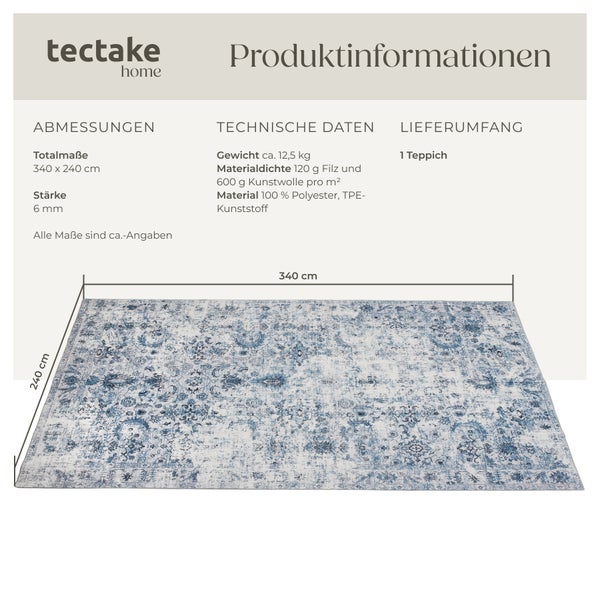 Produktinformationen zu einem Teppich der Marke tectake home mit den Maßen 340 mal 240 Zentimeter und einer Materialdichte von 120 Gramm Filz und 600 Gramm Kunstwolle pro Quadratmeter