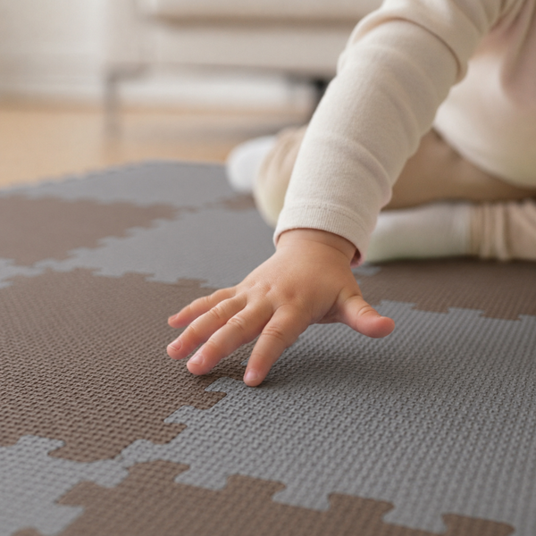 Kind spielt auf einer Puzzlematte aus Schaumstoff als Bodenbelag im Kinderzimmer