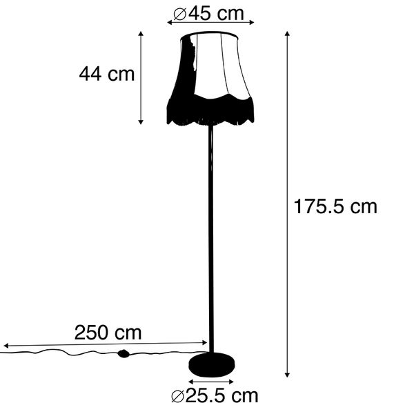 Abmessungen einer Stehlampe mit Lampenschirm: Höhe 175,5 cm, Schirmdurchmesser 45 cm, Schirmhöhe 44 cm, Fußdurchmesser 25,5 cm, Kabellänge 250 cm