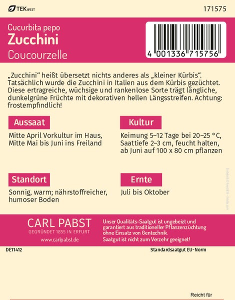 Rückseite der Samentüte Zucchini Coucourzelle von Carl Pabst mit Informationen zu Aussaat, Kultur, Standort und Ernte sowie TEKWEST Logo.