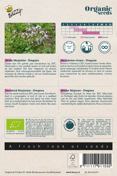 Bio-Oregano-Samenpackung mit Anbauhinweisen und Symbolen