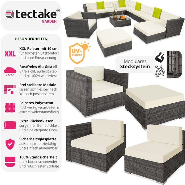 Rattan Lounge tectake Las Vegas mit Sicherheitsglasplatte mit Aluminiumgestell grau