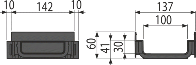 Technische Zeichnung mit Maßen für eine Entwässerungsrinne: Länge 142 Millimeter, Breite 137 Millimeter, Tiefe 60 Millimeter.