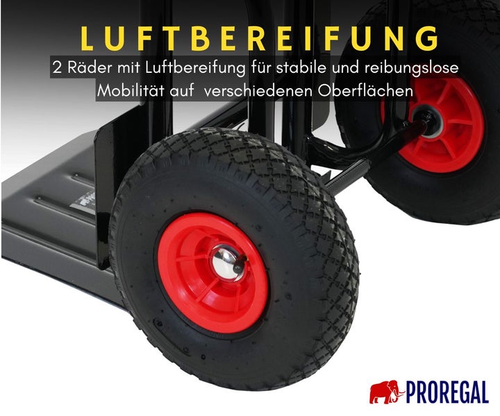 Detailaufnahme von zwei luftbereiften Rädern einer Sackkarre für reibungslose Mobilität auf verschiedenen Oberflächen. ProRegal Logo.
