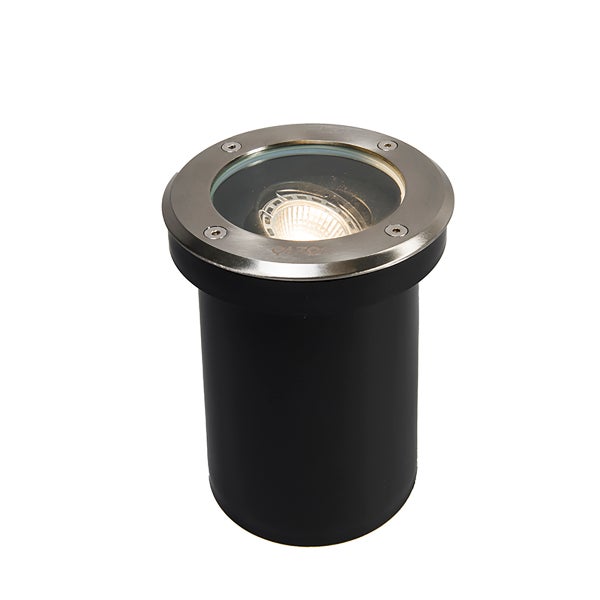Bodeneinbaustrahler mit schwarzem Kunststoffgehäuse und Edelstahlring inklusive runder Glasabdeckung.