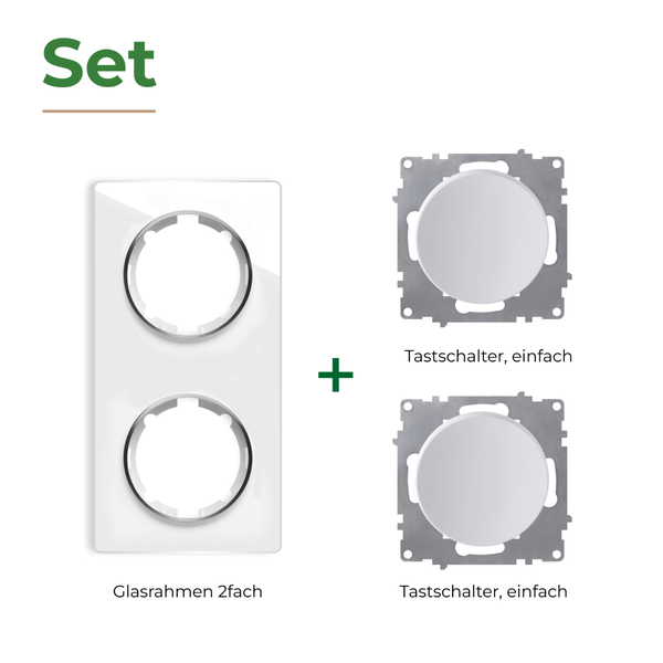 Set bestehend aus einem zweifachen Glasrahmen und zwei einfachen Tastschaltern zur Unterputzmontage