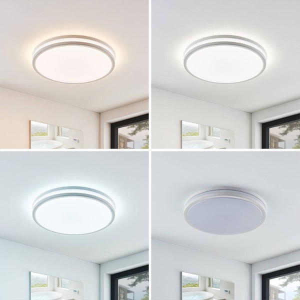 Runde LED-Deckenleuchte für das Badezimmer in vier verschiedenen Farbtemperaturen: Warmweiß, Neutralweiß, Kaltweiß und ausgeschaltet.