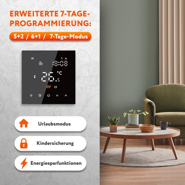 Programmierbarer elektronischer Raumthermostat mit erweiterter 7-Tage-Programmierung zur Steuerung der Heizung in Wohnräumen