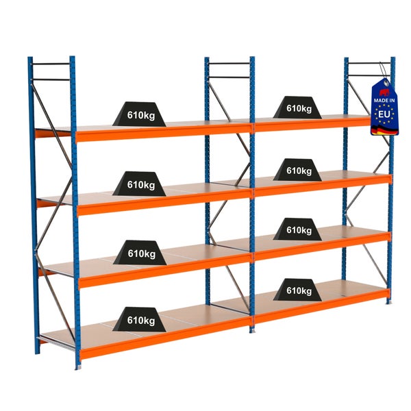 Lagerregal mit Regalböden und Traglastangabe von 610 Kilogramm, Made in EU Siegel
