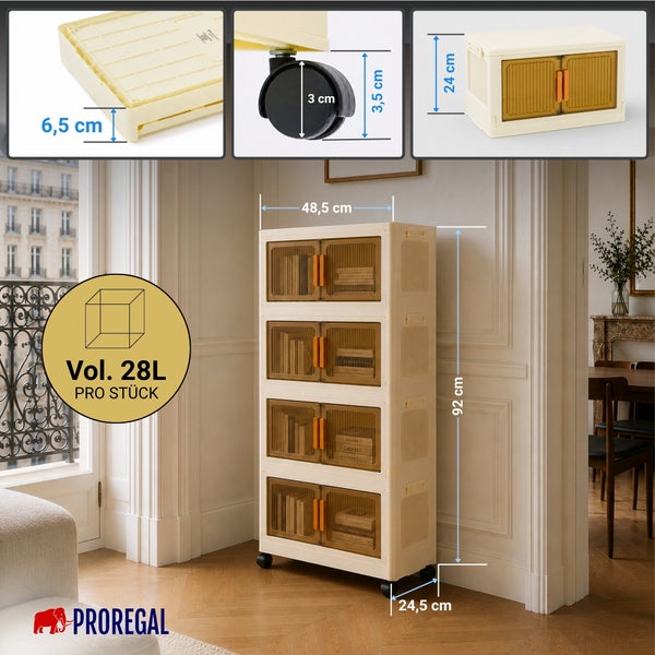 Organisiertes stapelbares Kunststoff-Regalsystem auf Rollen in hellem Raum, 92 mal 48 komma 5 mal 24 komma 5 Zentimeter, PROREGAL Logo.