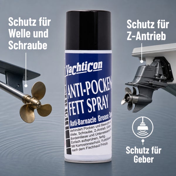 Yachticon Anti-Pocken Fett Spray zum Schutz vor Bewuchs an Wellen, Schrauben, Z-Antrieben und Gebern.
