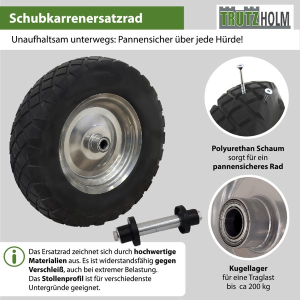 Trutzholm Schubkarrenersatzrad aus Polyurethan Schaum mit Stollenprofil und Kugellager für eine Traglast bis 200 Kilogramm inklusive Achse