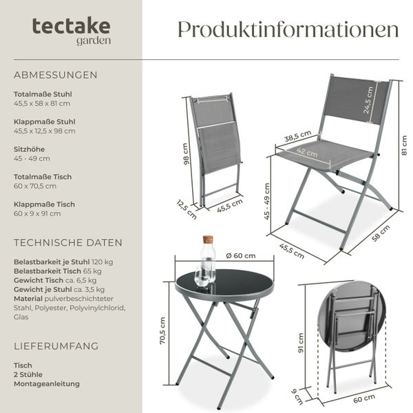 Bistro-Set tectake Düsseldorf Tisch mit Sicherheitsglasplatte klappbar, für 2 Personen grau