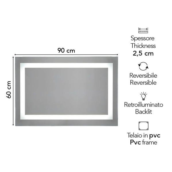 LED-Badspiegel 90 mal 60 Zentimeter, Dicke 2,5 Zentimeter, hinterleuchtet, wendbar, PVC-Rahmen.