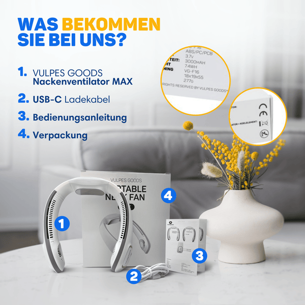 Frau entspannt am Strand mit einem tragbaren Nackenventilator für optimale Kühlung