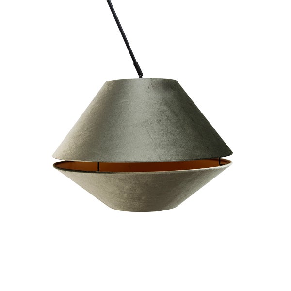 Moderne Pendelleuchte mit doppeltem kegelförmigem Schirm aus olivgrünem Samt und goldfarbener Innenseite.