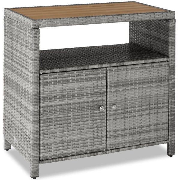 Grauer Gartenschrank aus Polyrattan mit Tischplatte in Holzoptik, zwei Türen und einem offenen Fach.