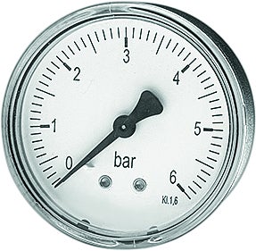 Manometer mit runder Anzeige und einer Skala von 0 bis 6 bar.