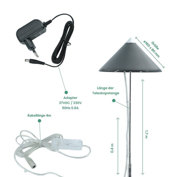 Parus by Venso SUNLiTE XL LED Vollspektrum Pflanzenlampe Grau 25W Indoor Plants Pflanzen Beleuchtung, mit ausziehbarem Teleskopstab, Parus Pflanzenlampe für große und kleine Zimmerpflanzen