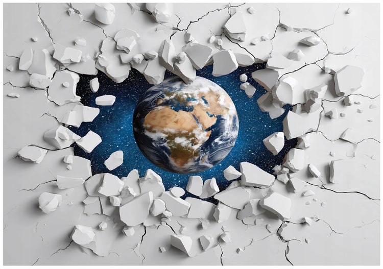 Weltkugel durchbricht eine weiße, zerbrochene Wand