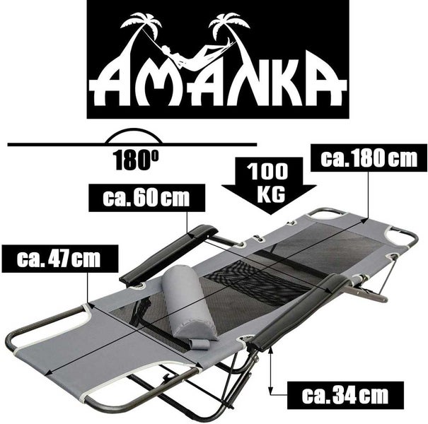 Faltbare Campingliege Freizeitliege | Verstellbare Gartenliege | Liegestuhl mit Nackenstütze | Klappliege Grau | Stahlrahmen | Belastbarkeit max. 100KG | 178cm
