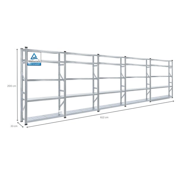 PROREGAL Fachbodenregal Stecksystem Proximo Komplettregal HxBxT 200 x 600 x 32 cm 5 Ebenen Fachlast 200 kg Beidseitig Nutzbar Verzinkt
