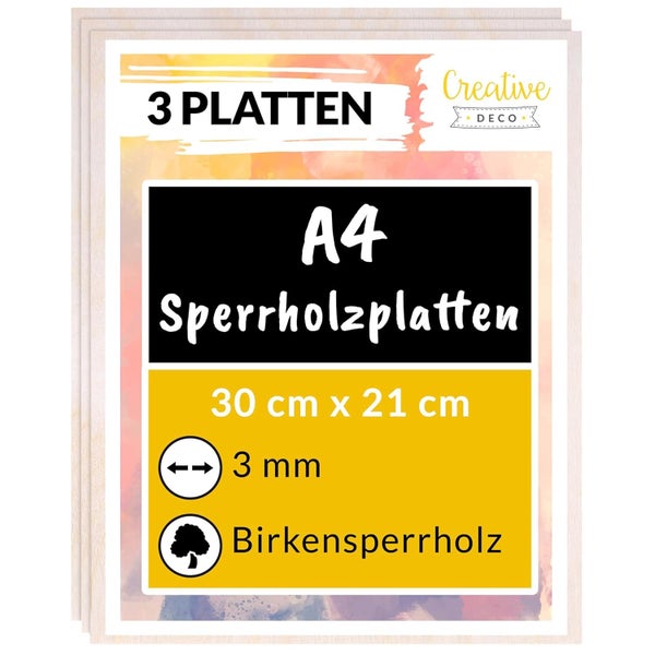 3 Birkensperrholzplatten im Format A4, 30 Zentimeter mal 21 Zentimeter, Stärke 3 Millimeter, Creative Deco Logo.
