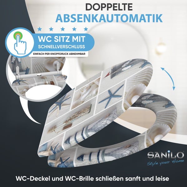 Toilettensitz mit maritimem Muster aus Seesternen und Muscheln, doppelter Absenkautomatik und Schnellverschluss-Funktion. SANILO Logo.