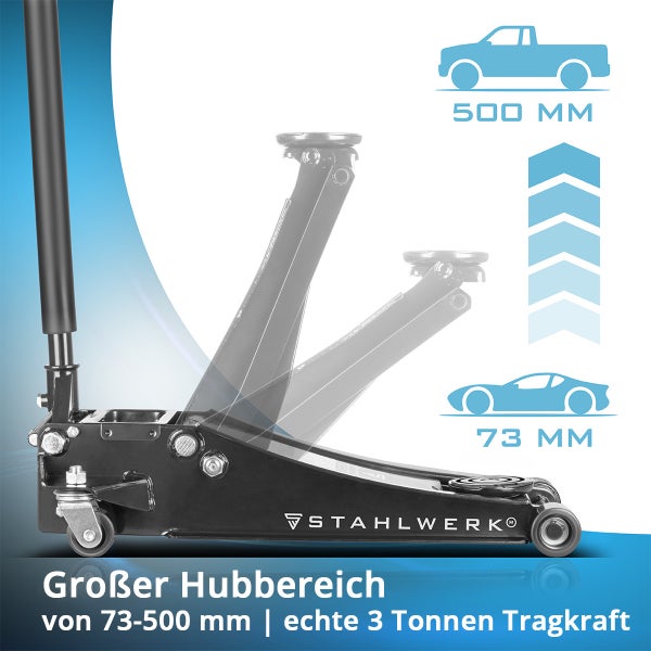 Stahlwerk Wagenheber mit einem Hubbereich von 73 bis 500 Millimeter und einer Tragkraft von 3 Tonnen.